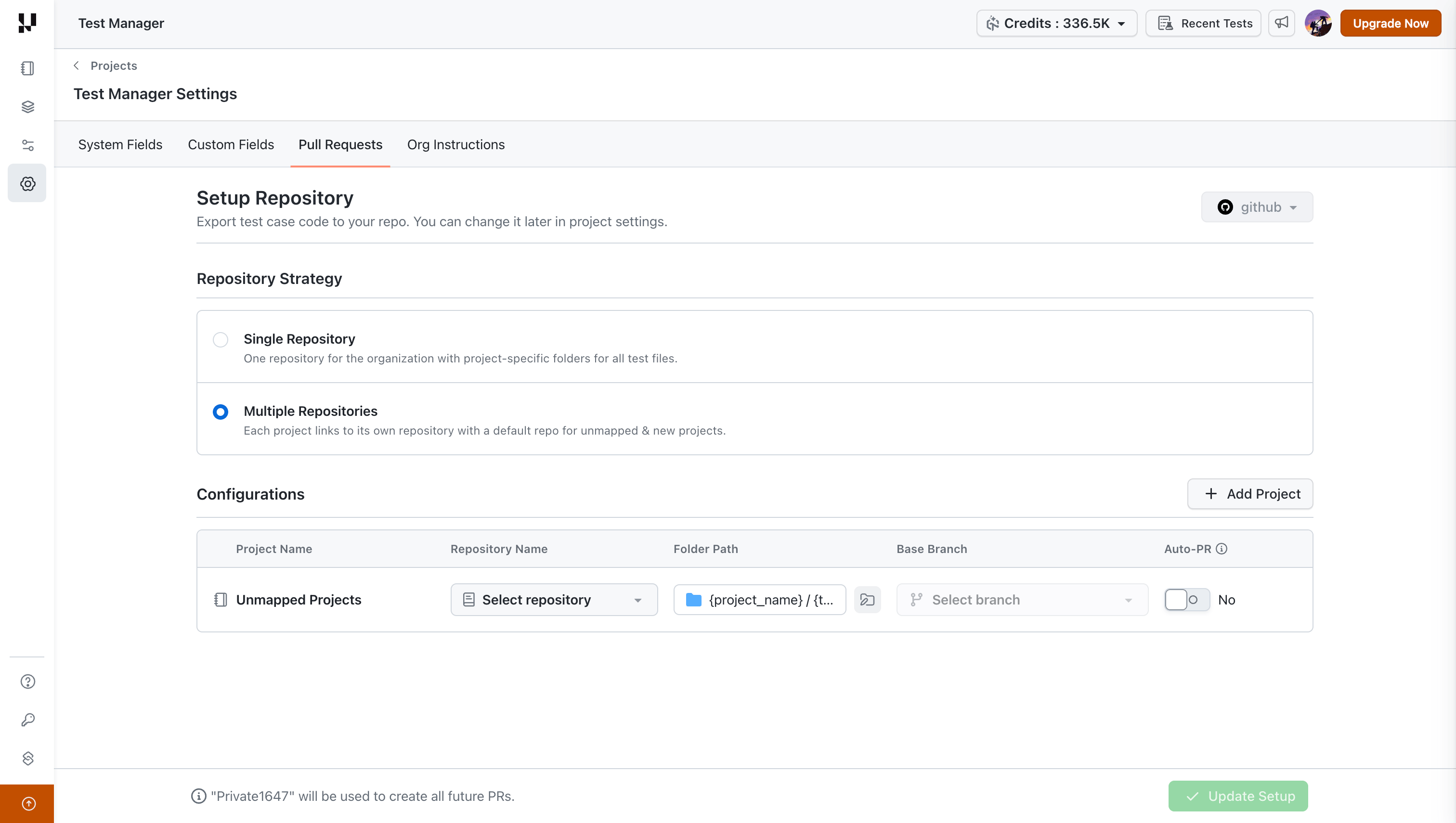 Pull Requests settings tab showing Multiple Repositories configuration with project mapping