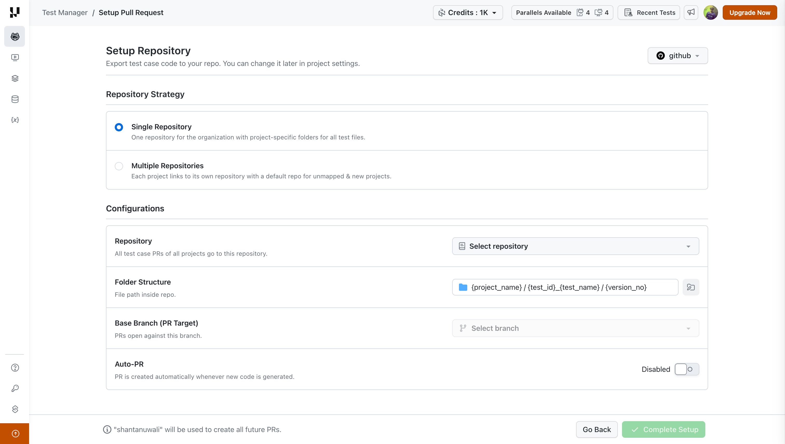 Setup Pull Request page with repository strategy and configuration options