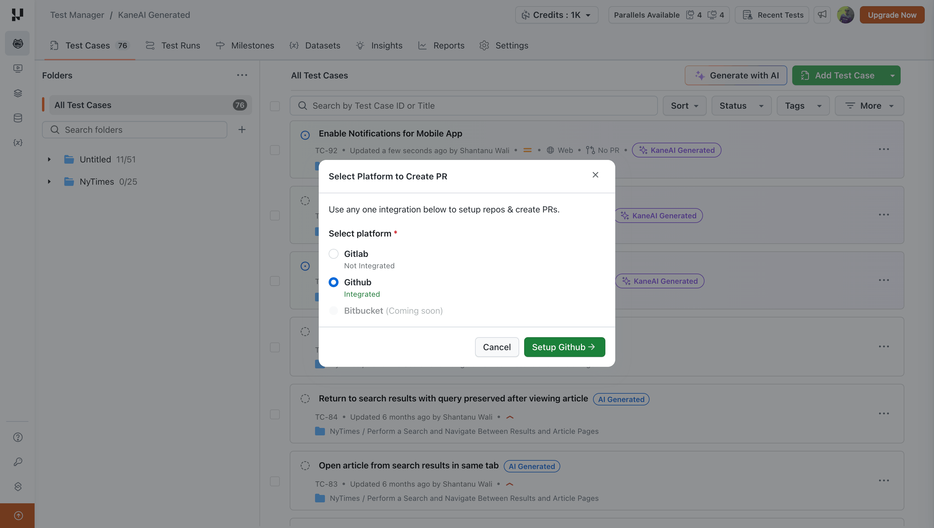 Select Platform dialog showing GitHub as Integrated