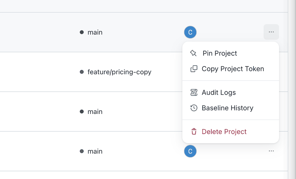 Project row overflow menu in SmartUI showing Pin Project, Copy Project Token, Audit Logs, Baseline History and Delete Project