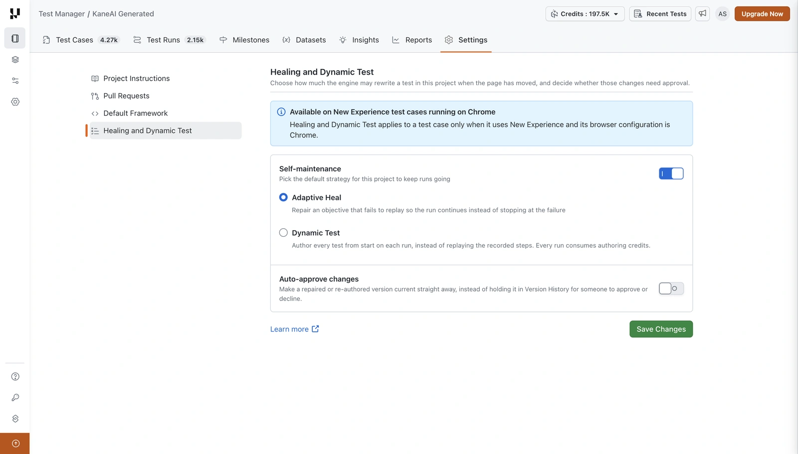 Healing and Dynamic Test in Project Settings, showing Self-maintenance with Adaptive Heal and Dynamic Test, and the Auto-approve changes toggle