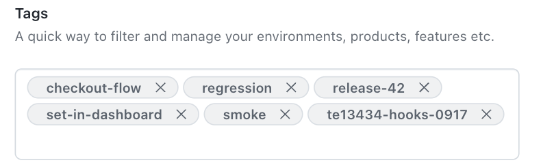 SmartUI Project Settings Tags field listing tags added from a test run alongside one added in the dashboard