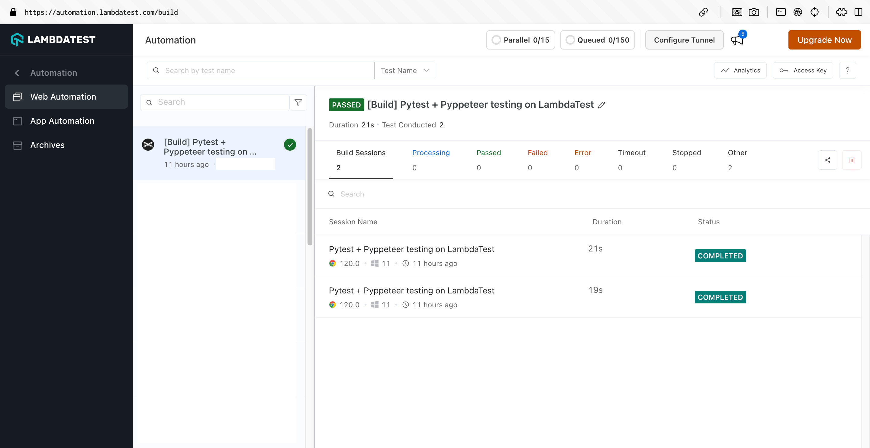 Pyppeteer LambdaTest Dashboard