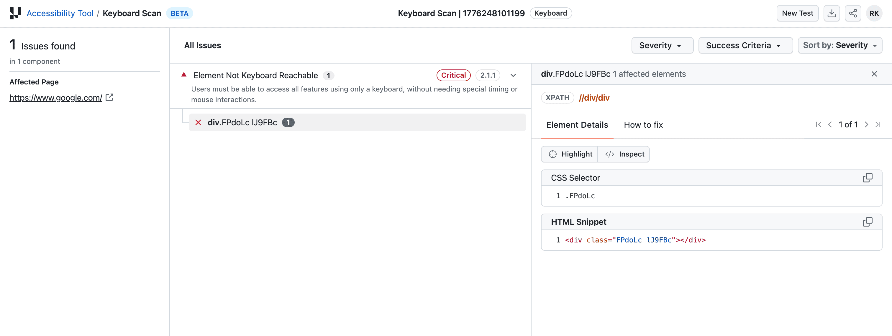 Keyboard scan report in DevTools plugin