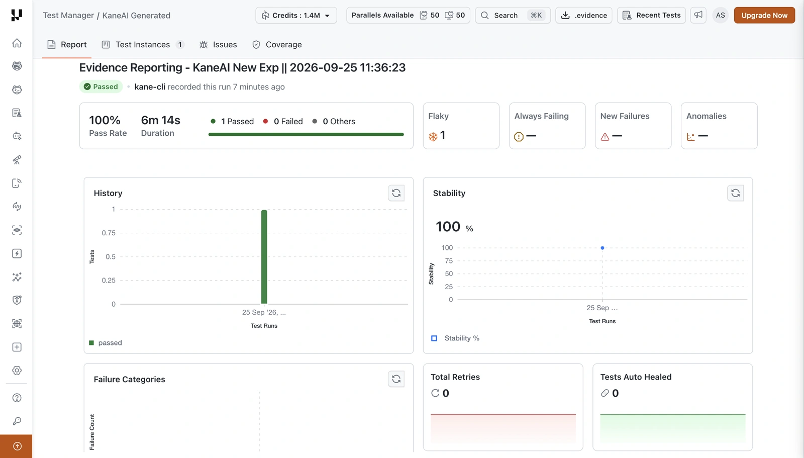 Report tab of a passed run showing the pass rate, duration, result counts, and the History and Stability charts