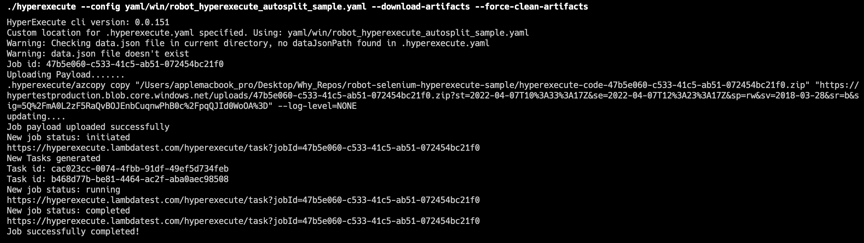 Robot HyperExecute Terminal Logs