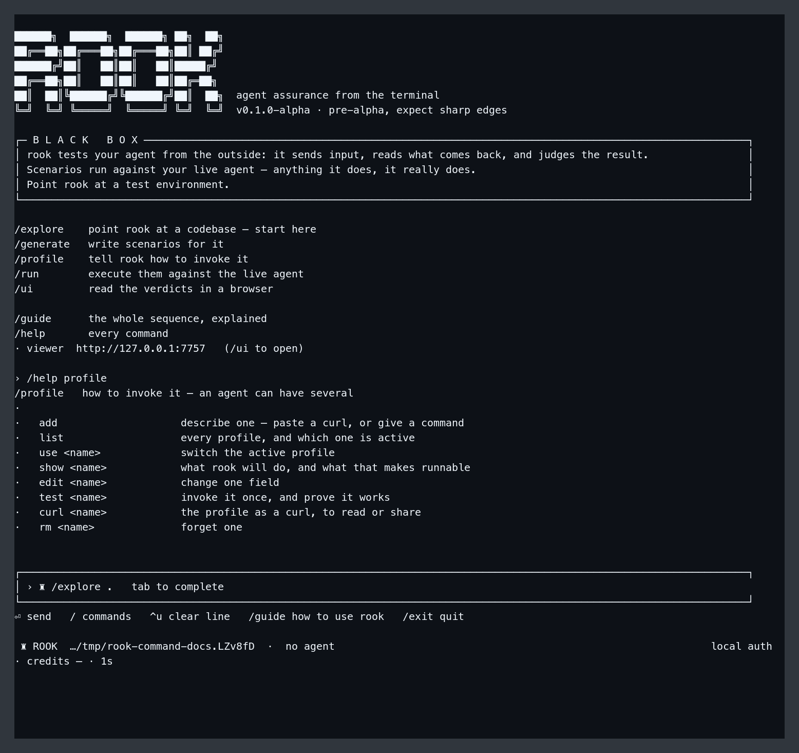 Rook profile help showing prompt-based add, repair, verification, inspection, and selection commands