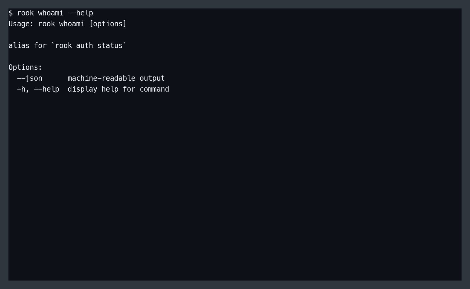 Rook whoami command help in a terminal