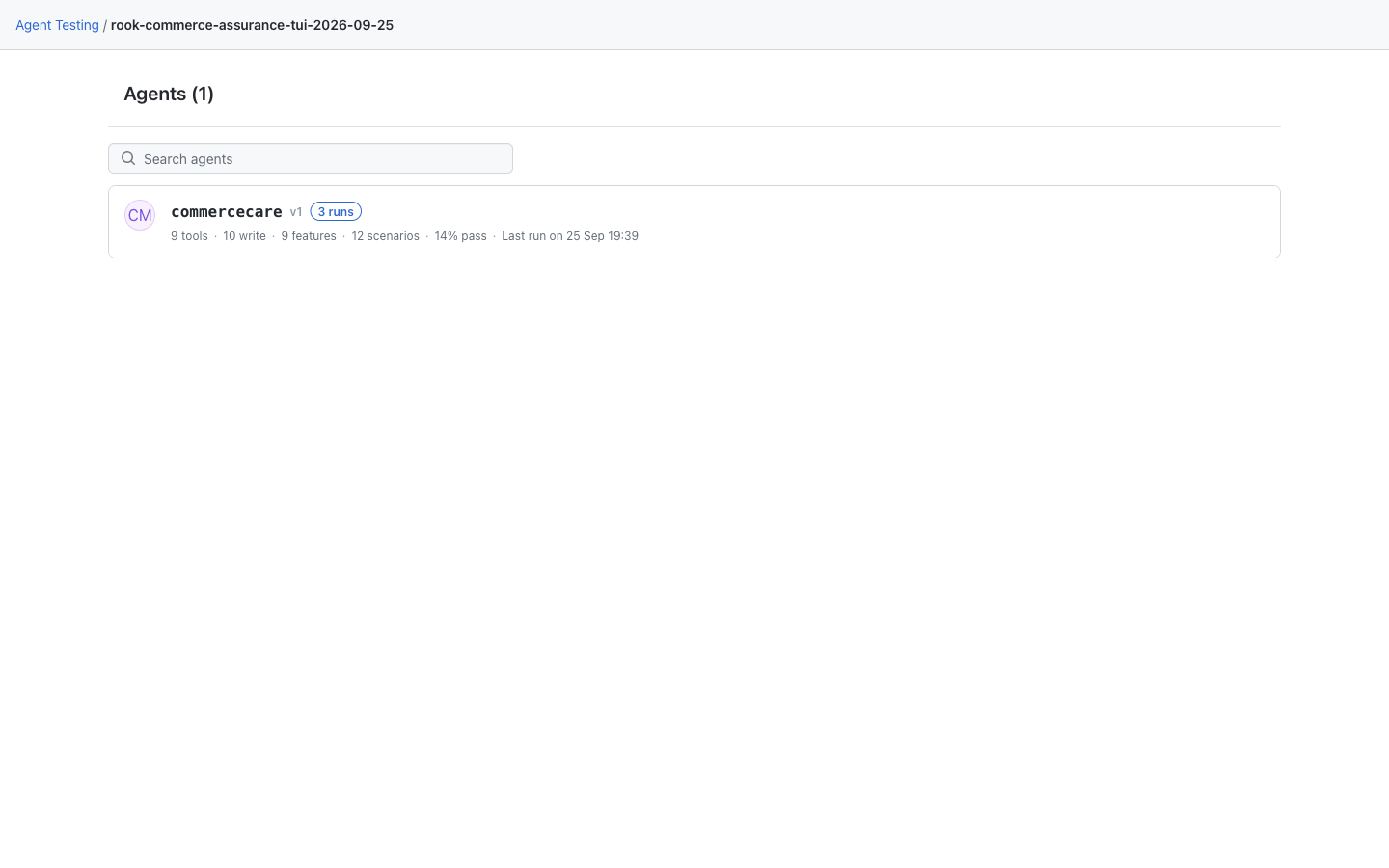 Local Rook Agents page listing CommerceCare and its feature, scenario, and run counts