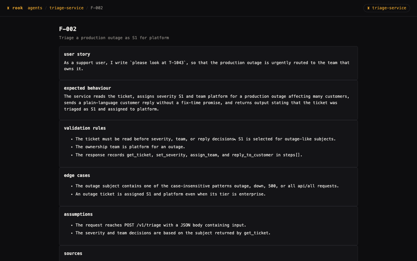 Local F-002 feature page showing the outage-triage user story, expected behavior, and validation rules