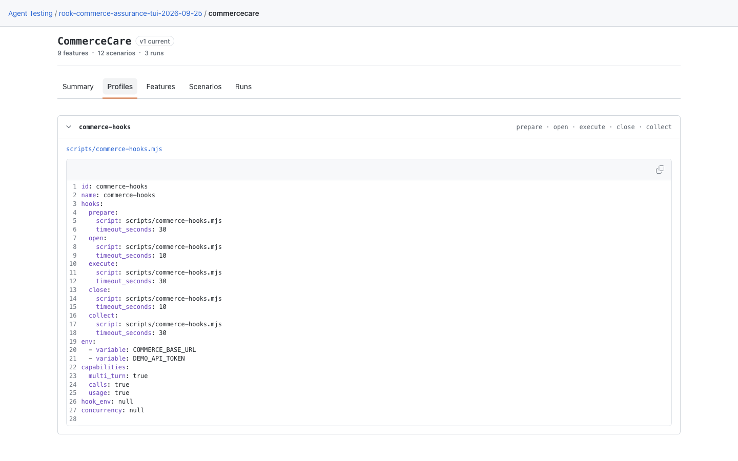 Local Profiles tab with inline commerce-hooks YAML defining prepare, open, execute, close, and collect without secret values