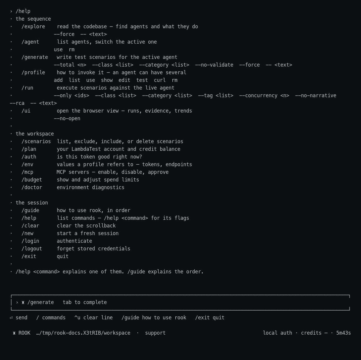 Rook interactive help grouped by testing sequence workspace and session
