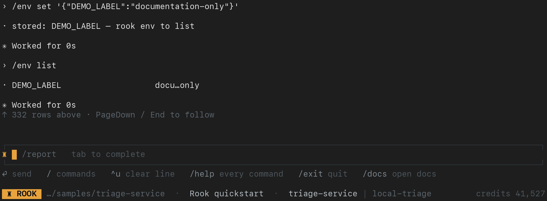 Rook interactive environment commands storing the non-secret DEMO_LABEL value and listing it with its middle masked