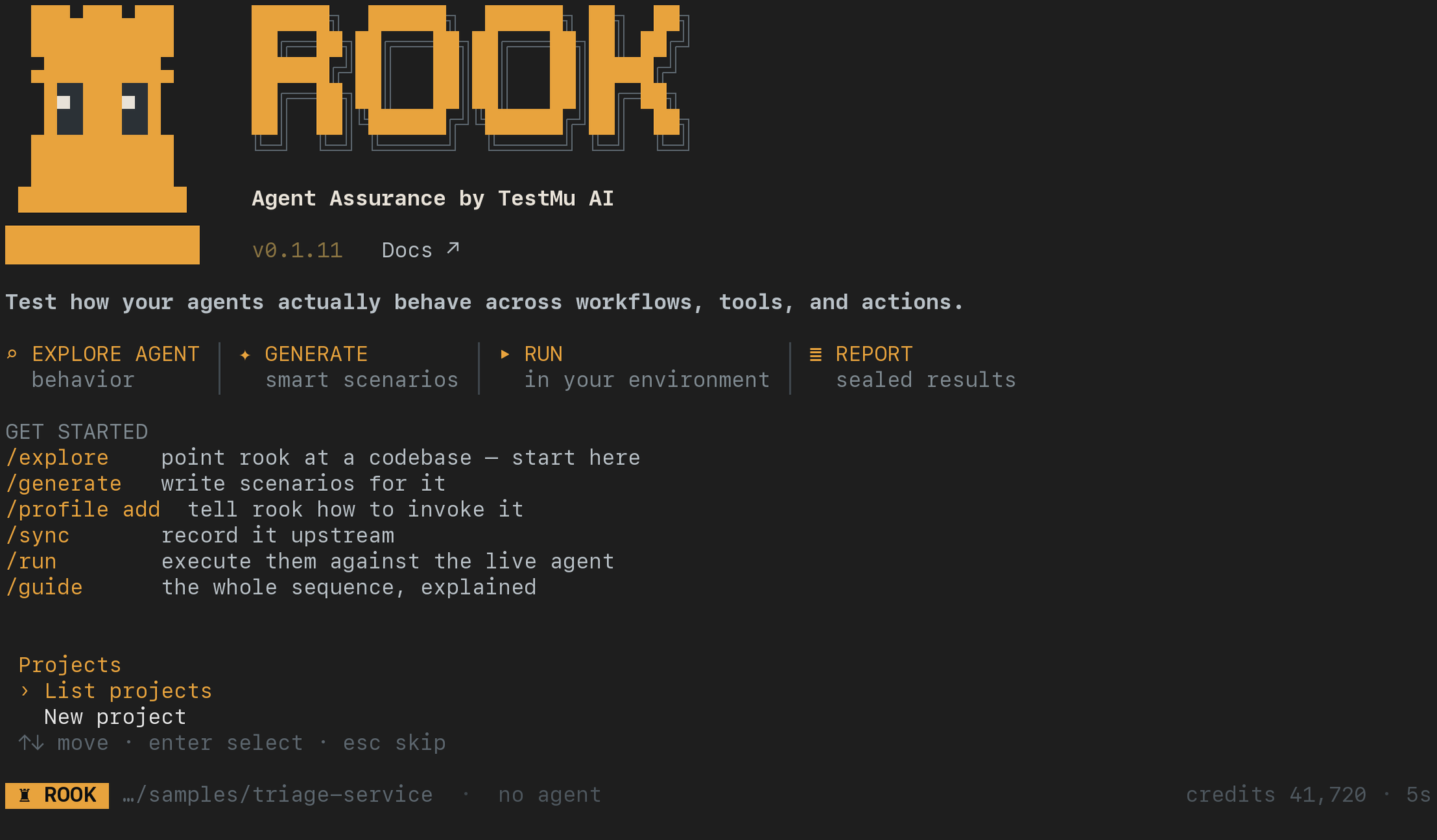 Rook 0.1.11 interactive startup with the pixel rook mascot and ROOK banner, the Explore, Generate, Run, and Report journey, Get Started commands, and the project chooser after sign-in