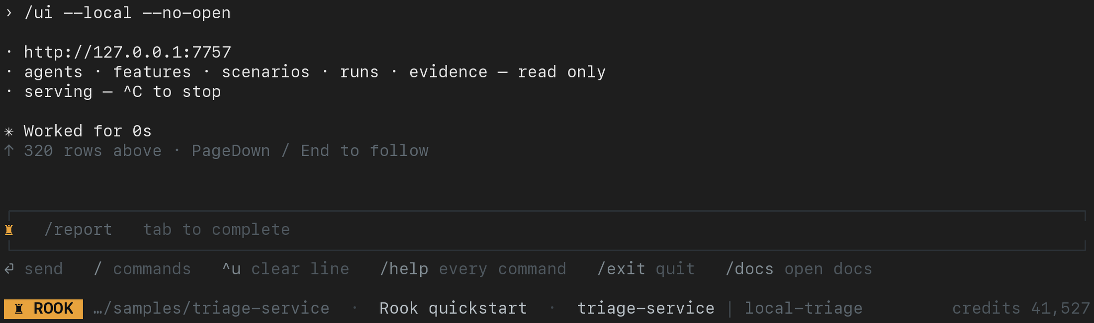 Rook's interactive local viewer command printing its loopback URL and confirming that the read-only server is serving