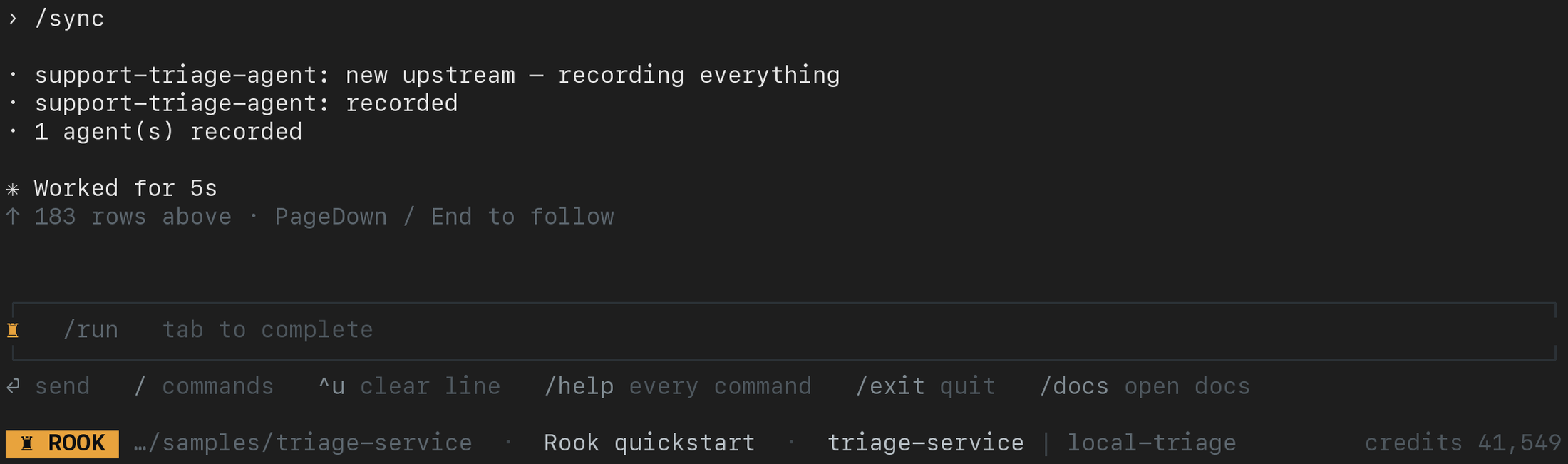Rook's interactive sync confirming that one local agent was recorded upstream