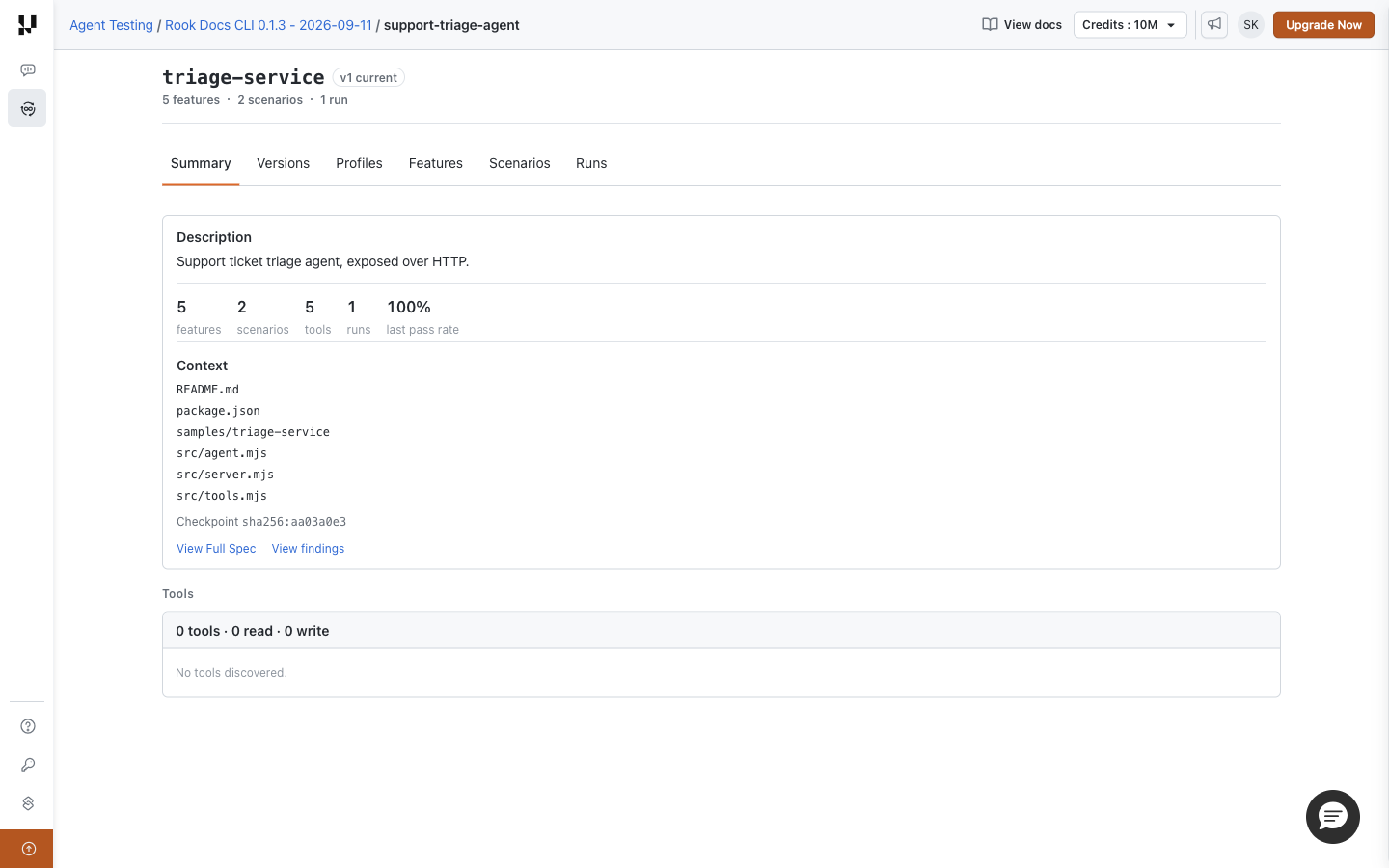 Rook Summary with description, discovery counts, source context, specification and findings links, and the Tools panel