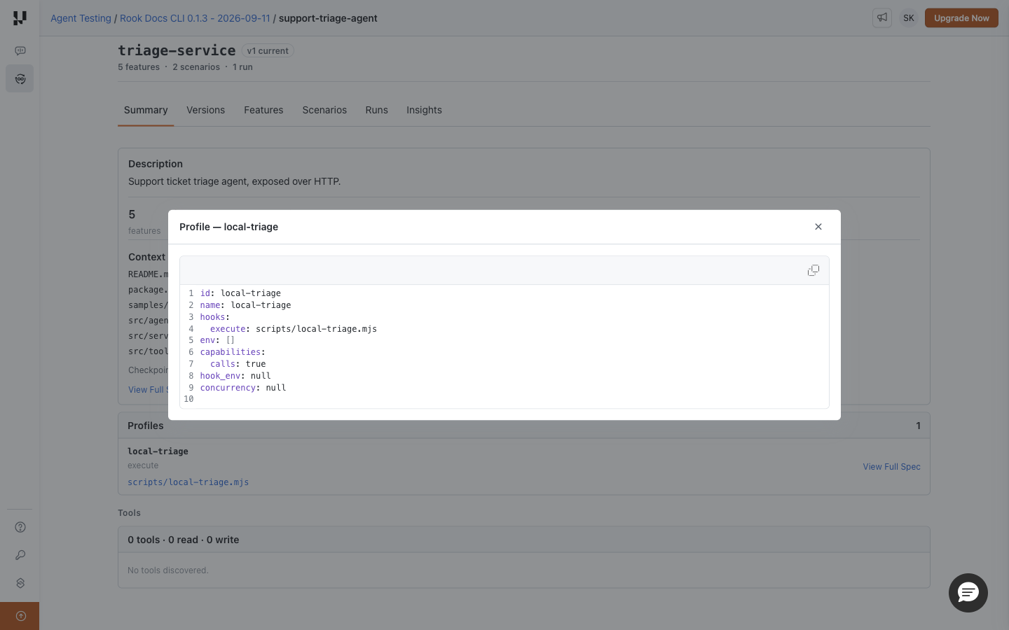 Profile YAML dialog showing local-triage, its execute hook at scripts/local-triage.mjs, and the calls capability
