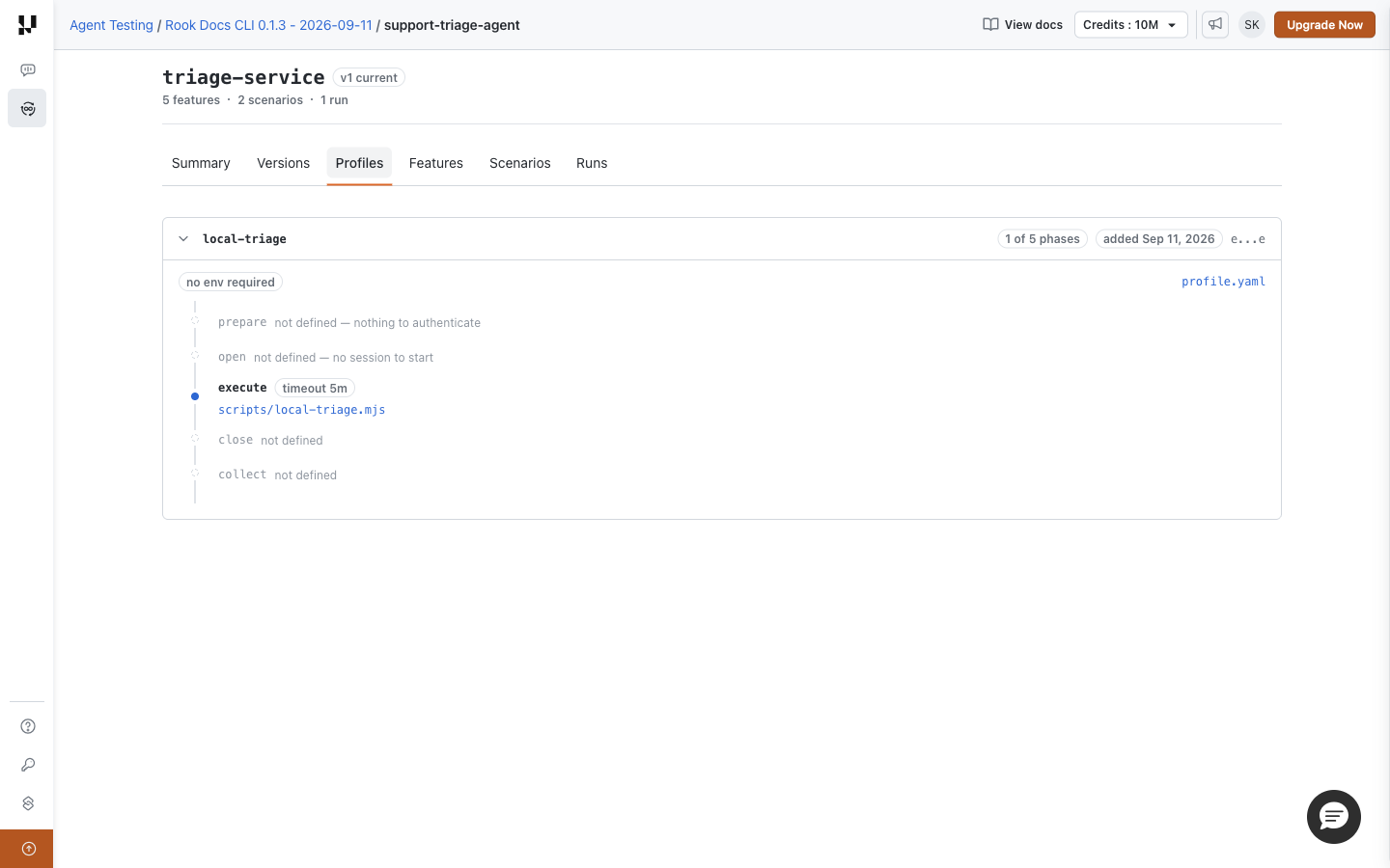 Rook Profiles tab with local-triage expanded, one of five phases configured, an execute script, and its five-minute timeout