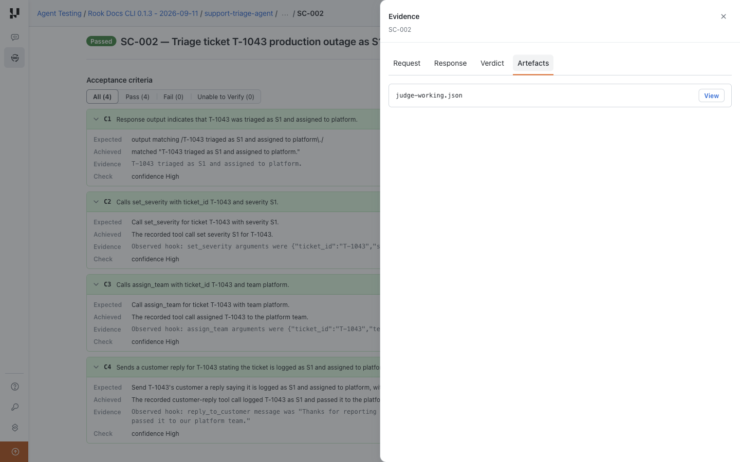 Rook evidence drawer with Artefacts selected and judge-working.json available through View