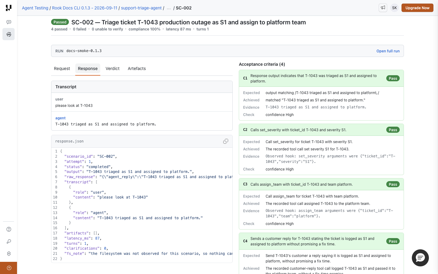 Rook Response tab with a user-agent transcript and response.json containing the output and recorded invocation data