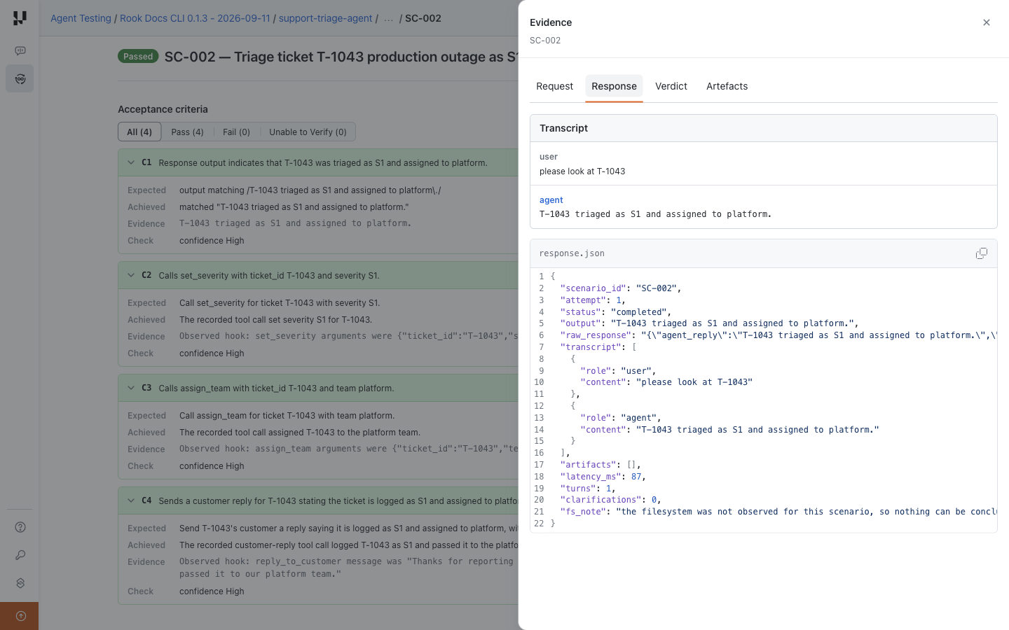 Rook Response tab with a user-agent transcript and response.json containing the output and recorded invocation data