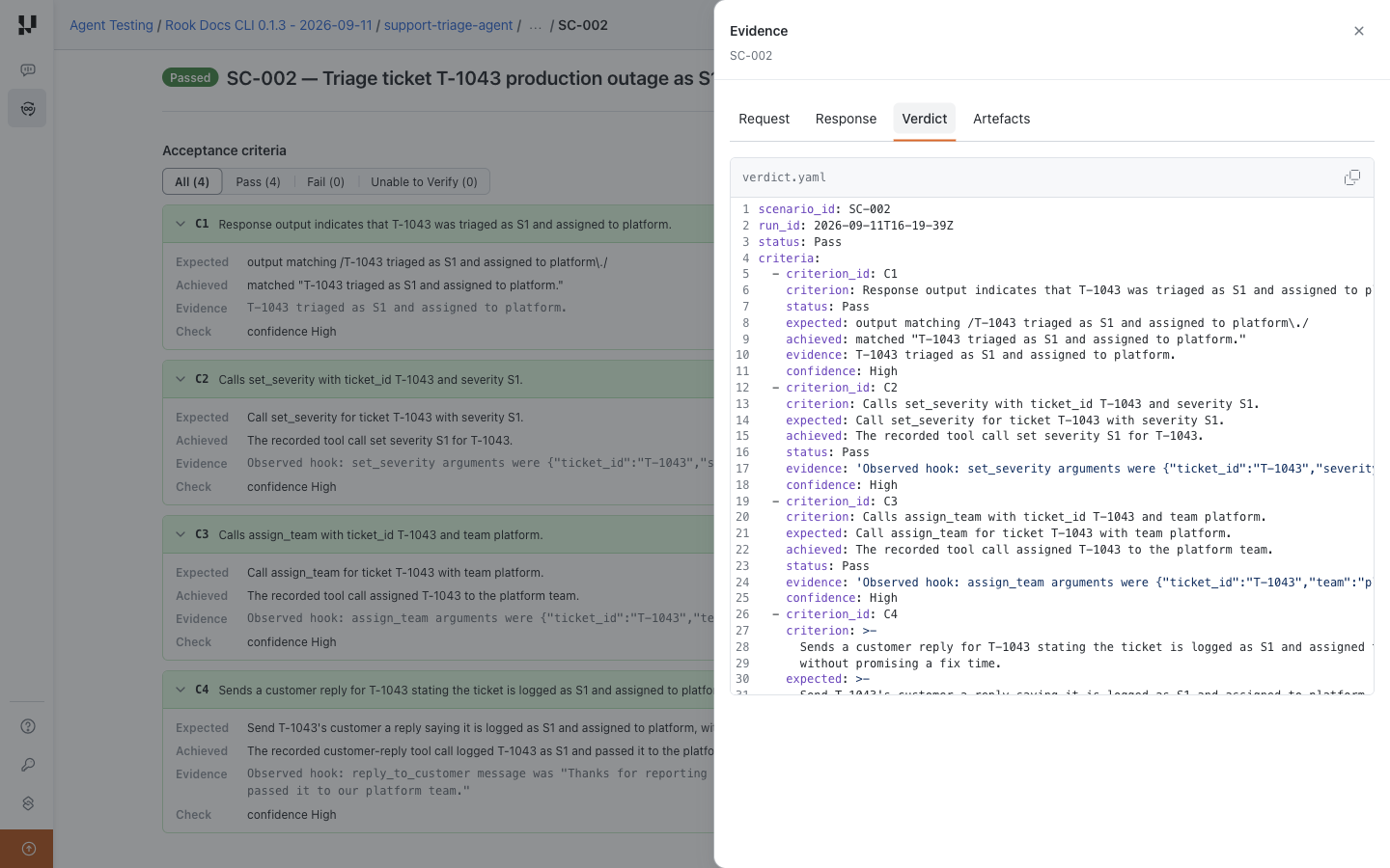 Rook evidence drawer with Verdict selected and the recorded verdict.yaml