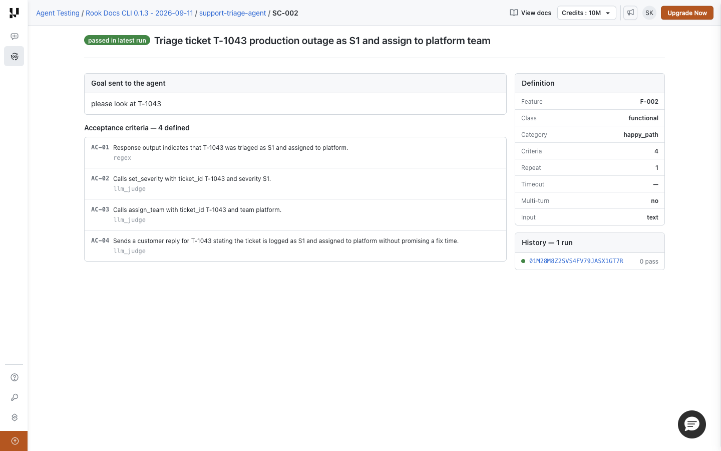 SC-002 definition with its outage-triage goal, four acceptance criteria, definition metadata, and one run in history