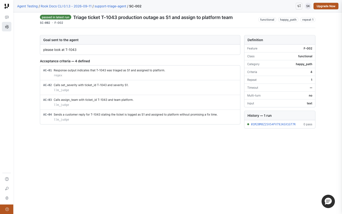 SC-002 definition with its outage-triage goal, four acceptance criteria, definition metadata, and one run in history