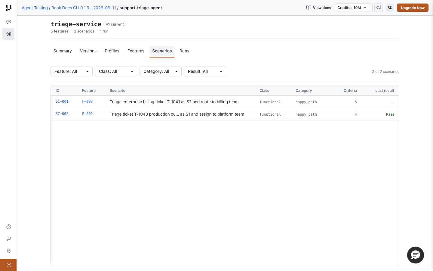 Rook Scenarios catalog with four filters, one unrun billing scenario, and one passing outage scenario
