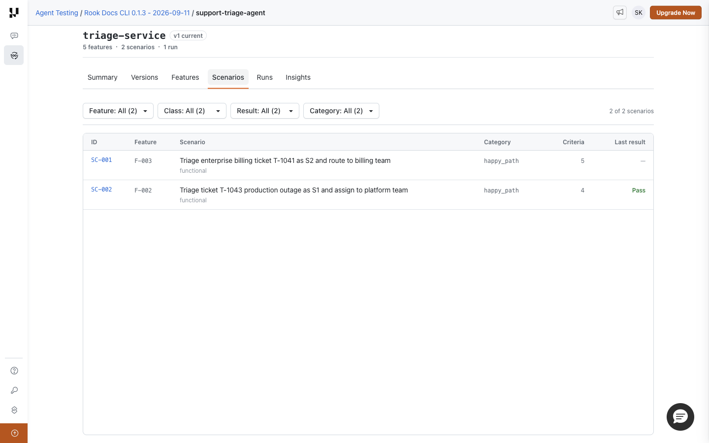 Rook Scenarios catalog with four filters, one unrun billing scenario, and one passing outage scenario