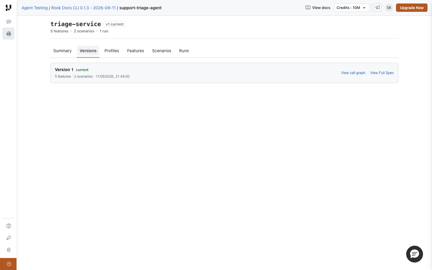 Rook Versions tab with the current version, feature and scenario counts, timestamp, View call graph, and View Full Spec