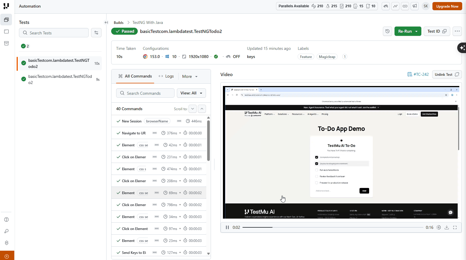 TestMu AI Automation Dashboard showing test results