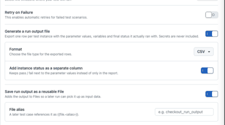 Per-run Advanced Configurations with Save run output as a reusable File enabled and File alias field visible