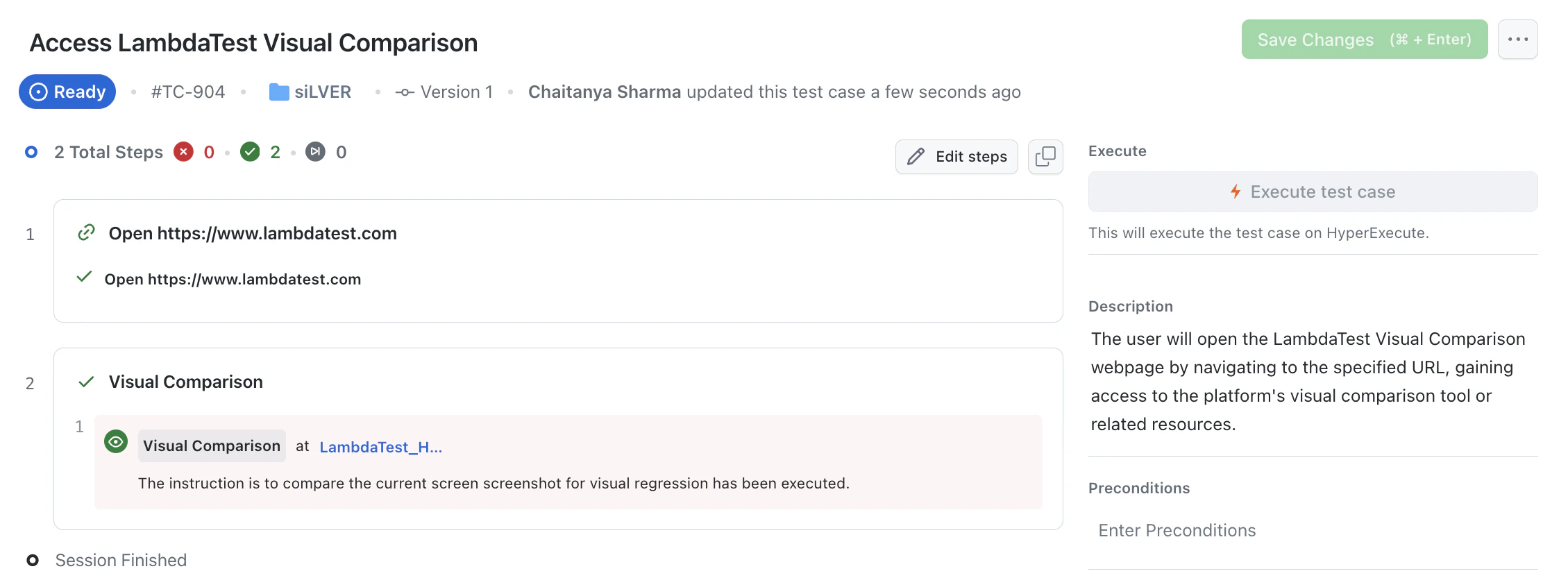 Saved test case with the Visual Comparison step