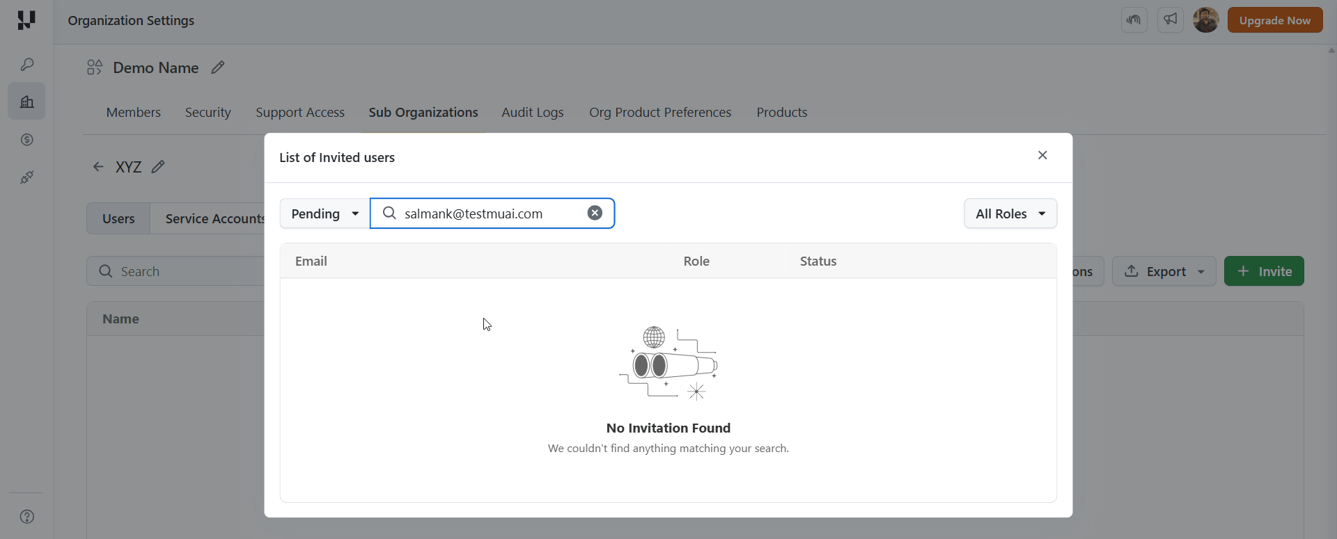 List of invited users dialog for searching pending invitations