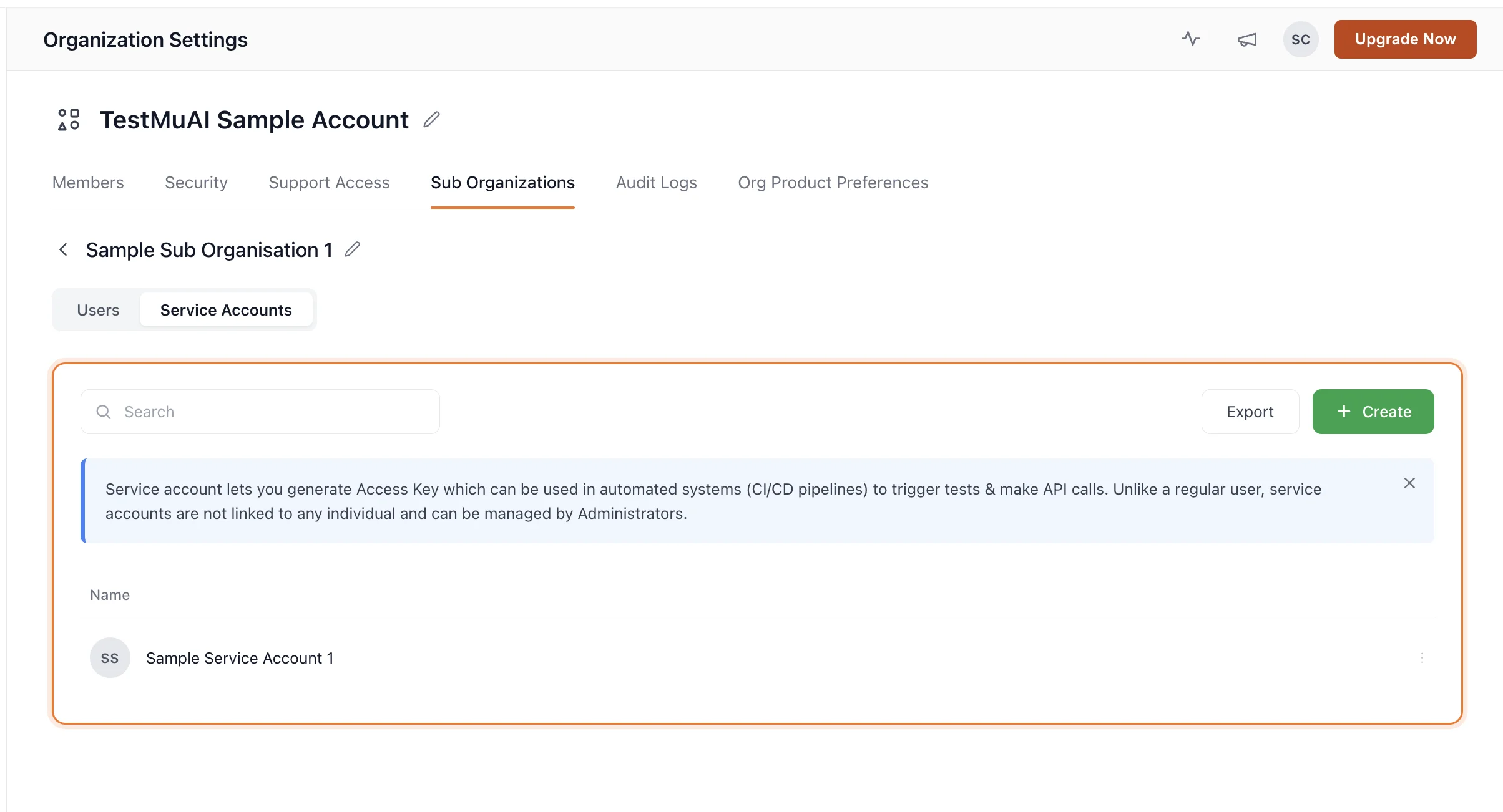 Service Accounts tab with overview banner