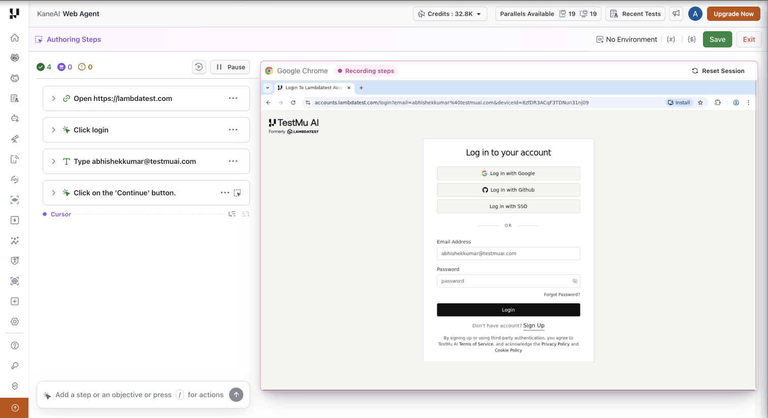 KaneAI authoring session showing the application view, the step list, and the cursor