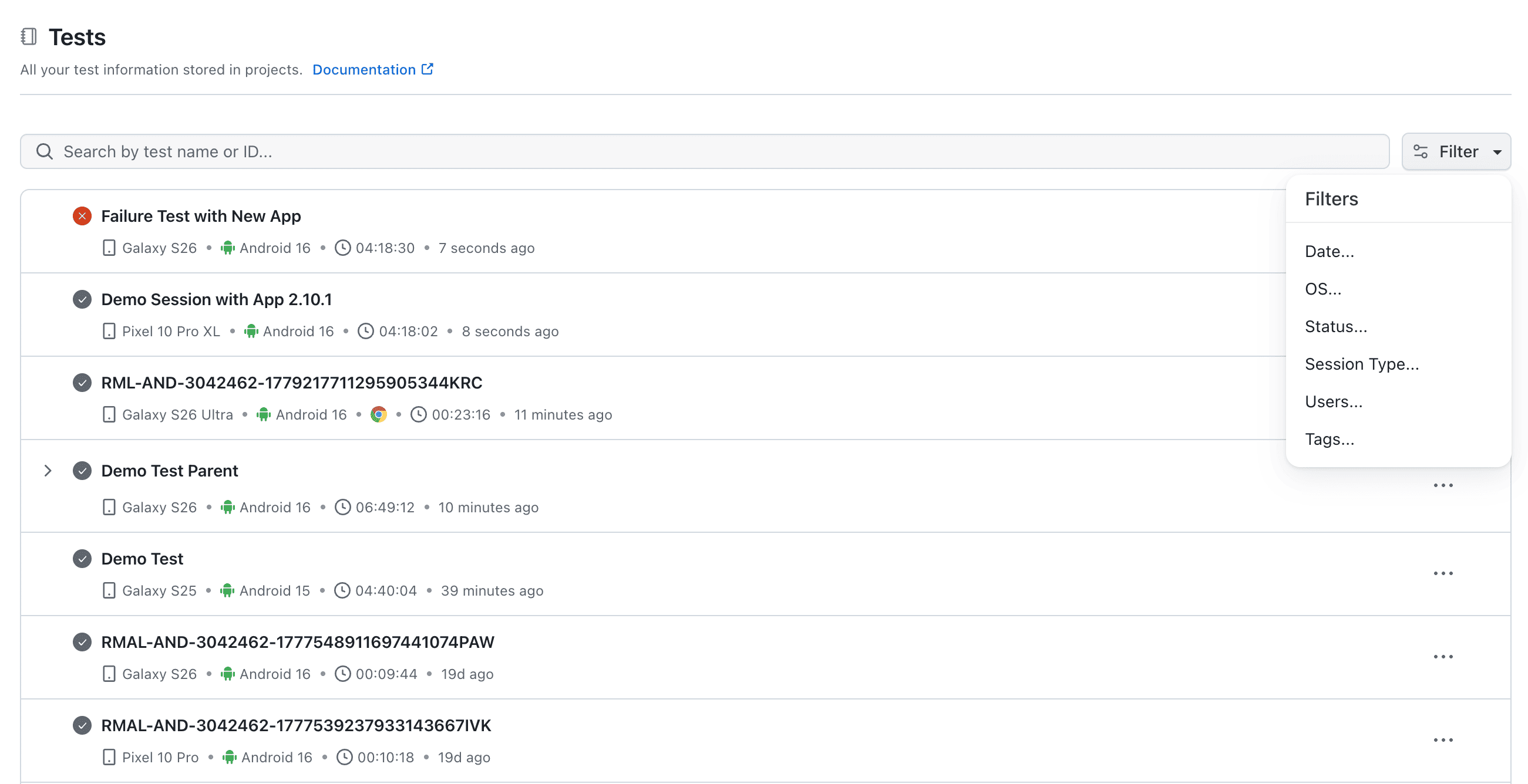 Manual Tests Sessions Dashboard filters