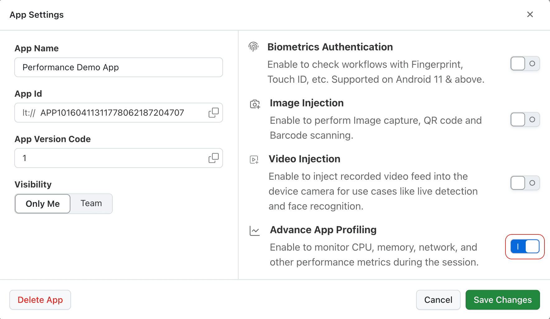 Enable Advance App Profiling toggle