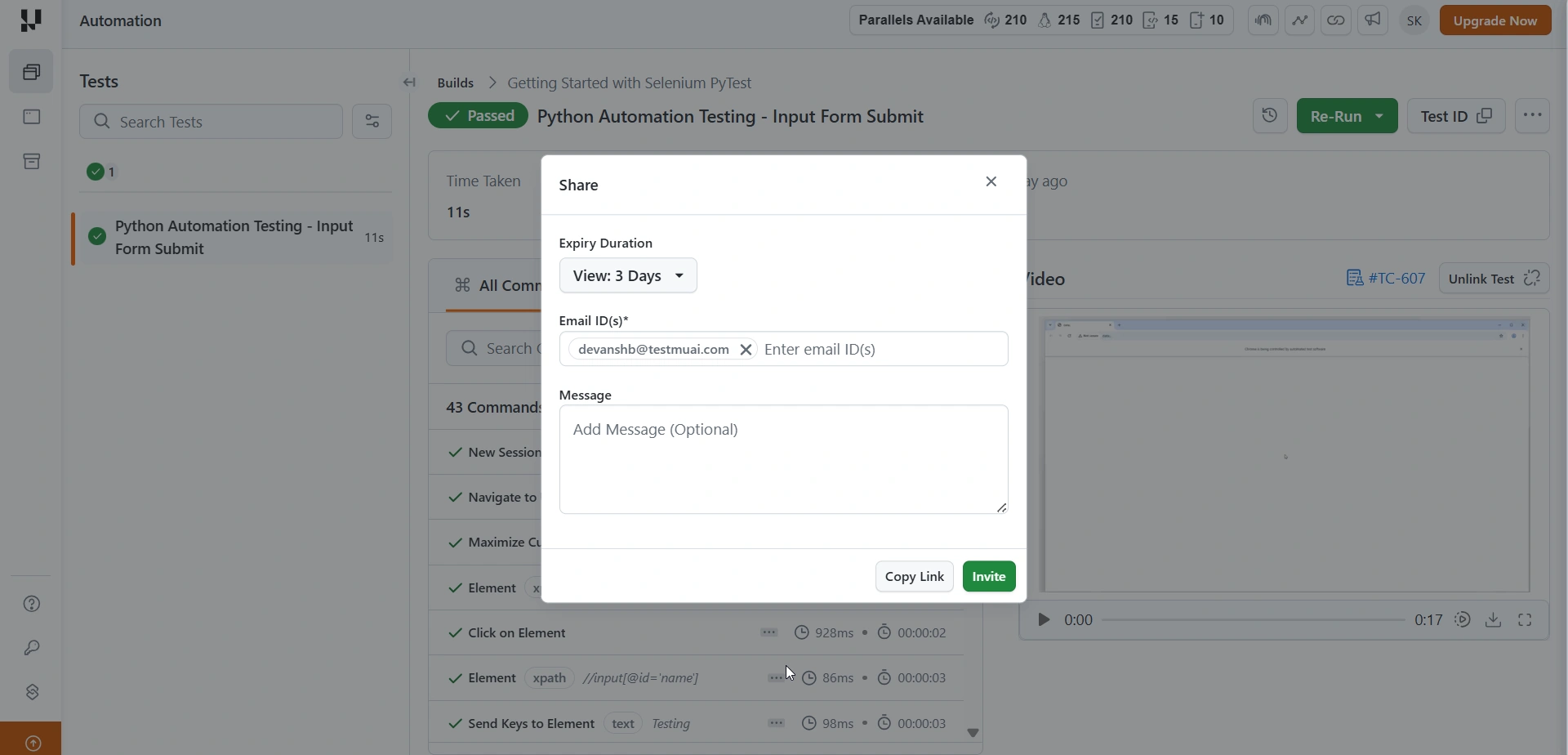 Share dialog with expiry duration, email recipients, message field, and Copy Link and Invite buttons