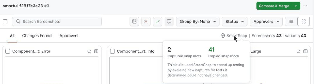 SmartUI build with the SmartSnap label, showing 2 captured and 41 copied snapshots