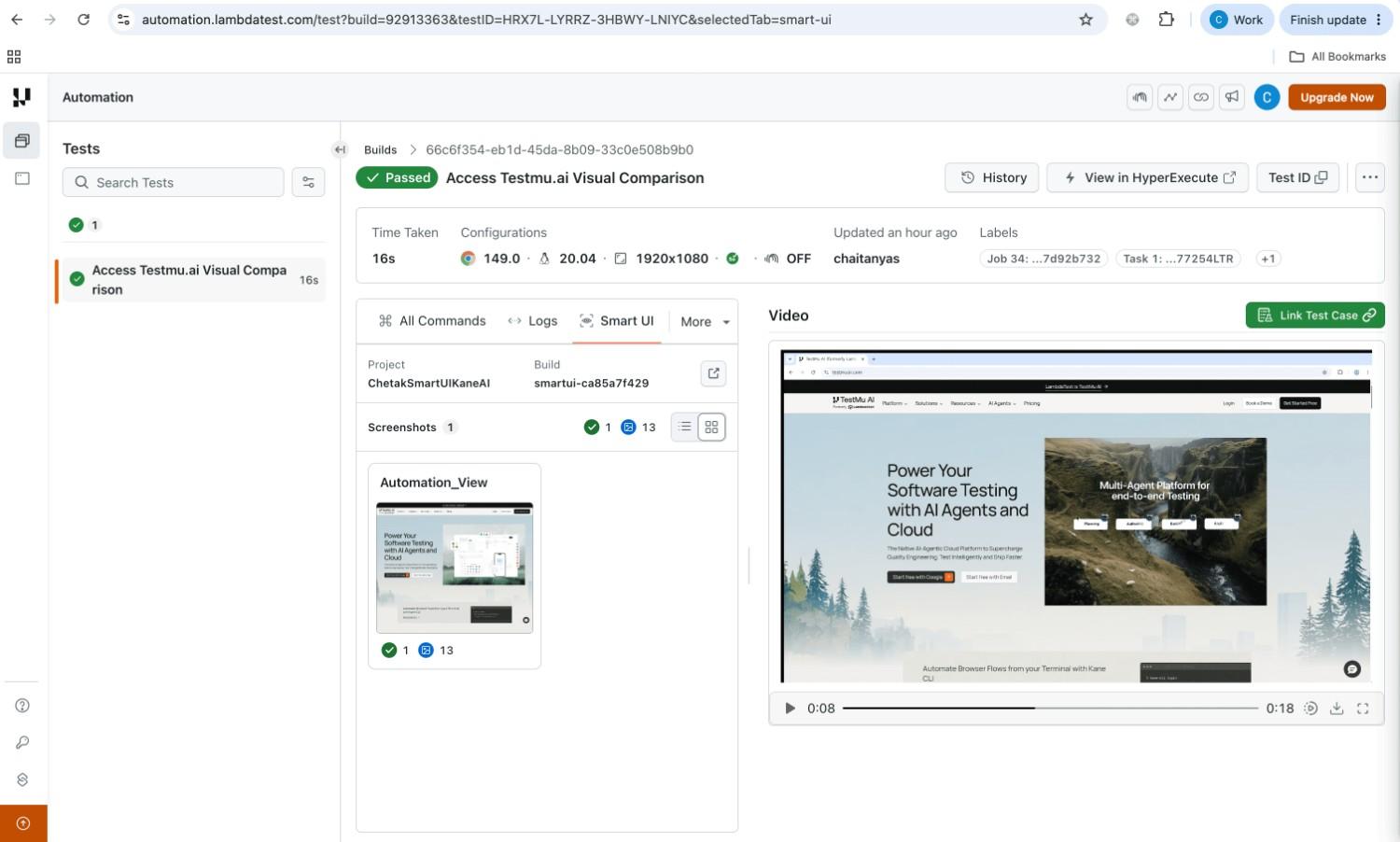 SmartUI tab in the Automation Dashboard test view showing the build summary, screenshot count, status counts, and a screenshot grid alongside the test video