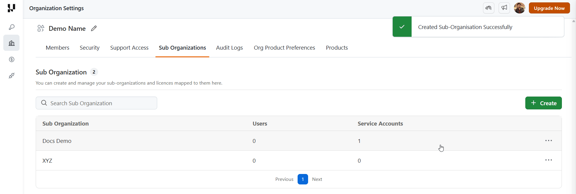 New sub-organization listed with its user and service account counts