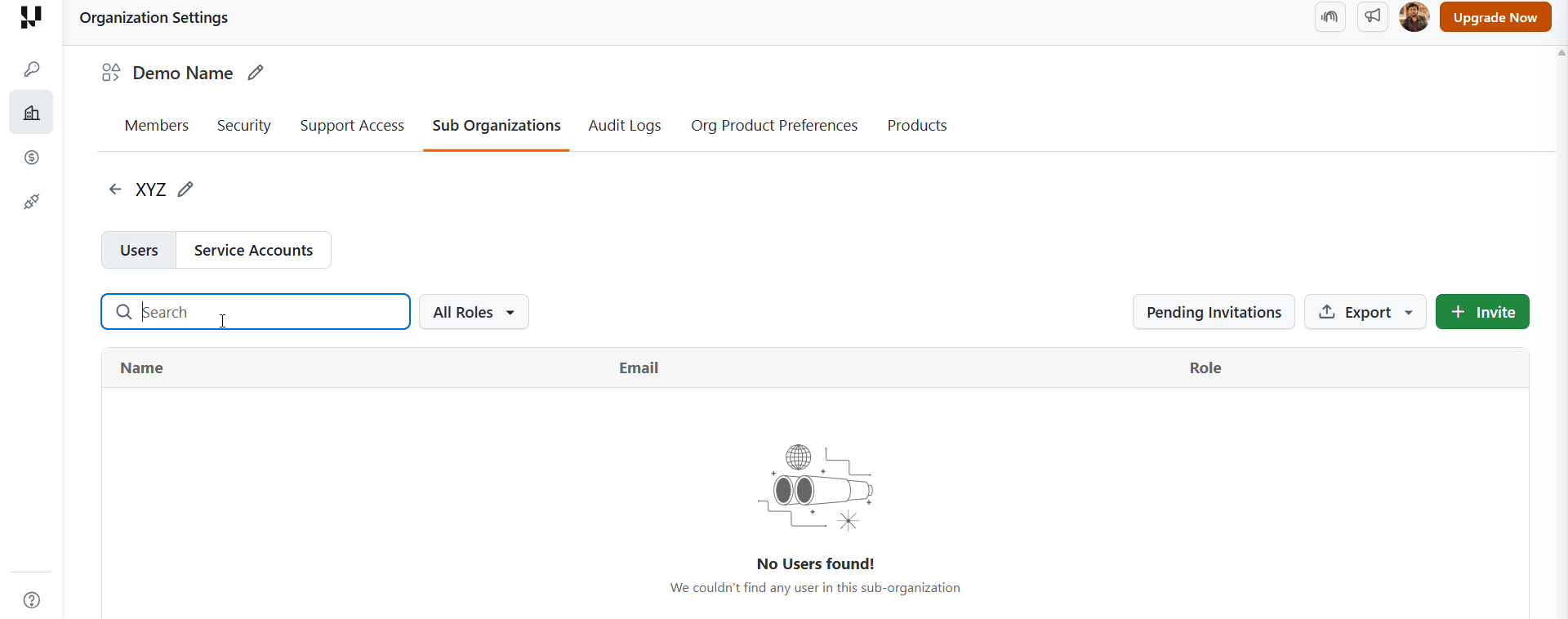 Users tab inside a sub-organization with Search, All Roles filter, Pending Invitations, Export, and Invite options