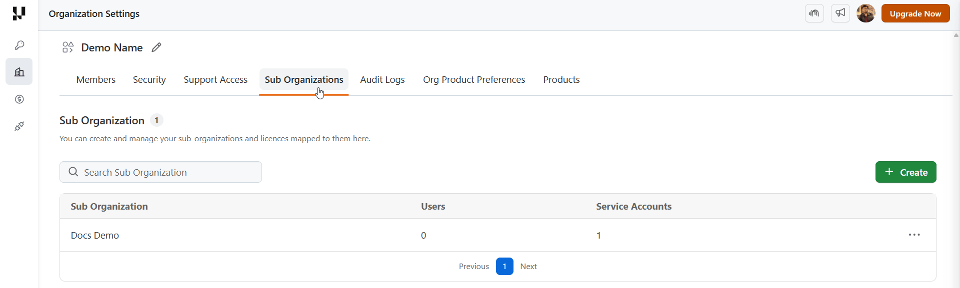 Sub Organizations tab in Organization Settings with the Create button