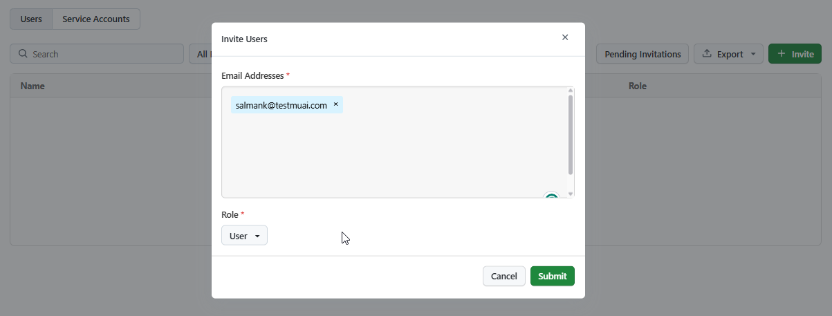 Invite user dialog