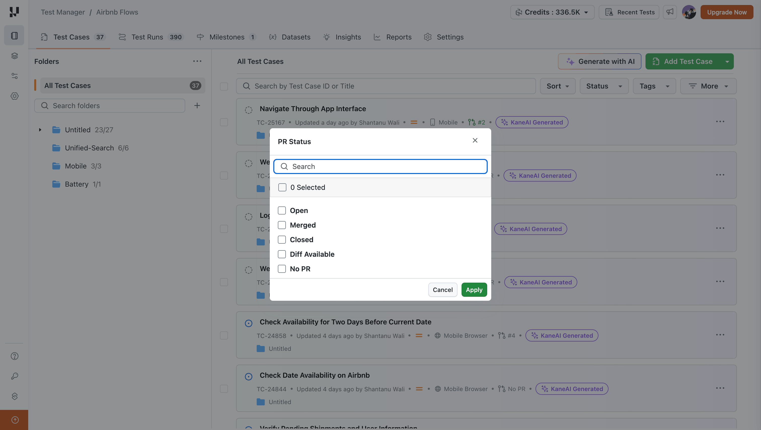 PR Status filter dialog with options for Open, Merged, Closed, Diff Available, and No PR