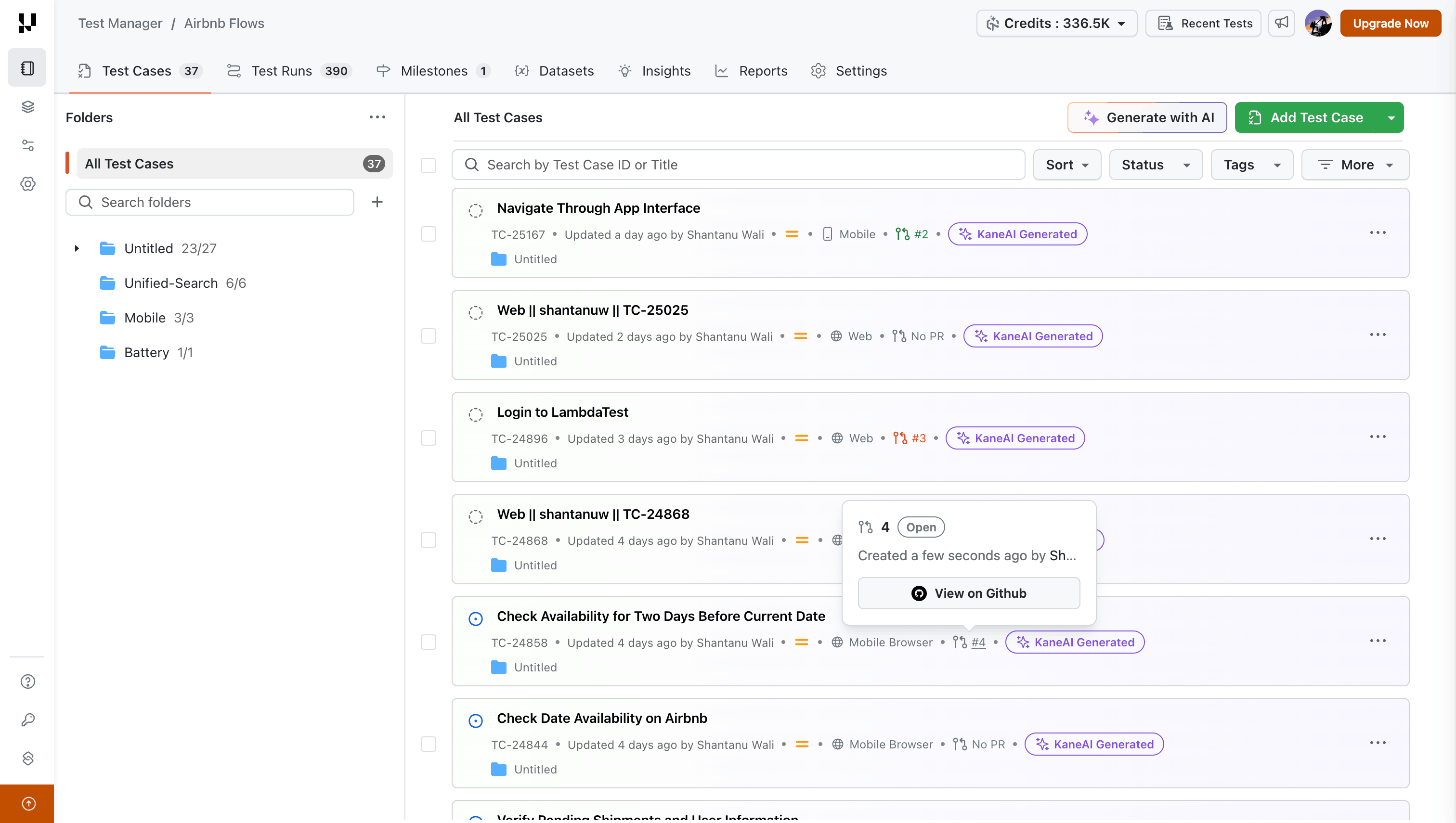 Test case listing showing PR status indicators and PR details tooltip