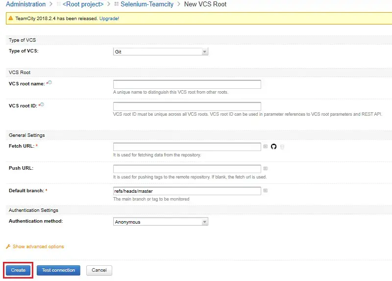 Create a new VCS root using the below form